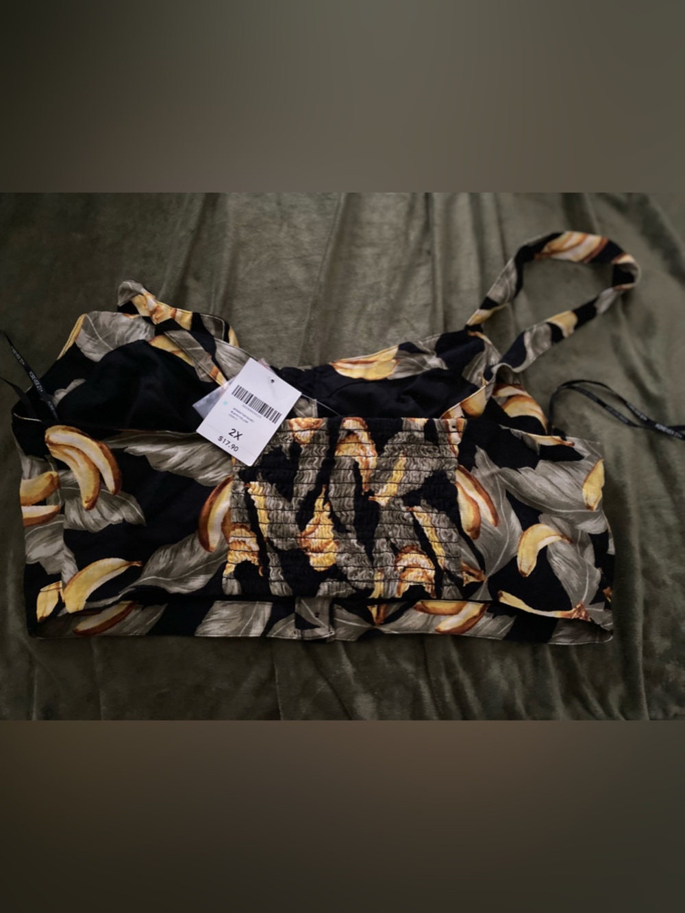 Black Banana Print Smocked Crop Top
